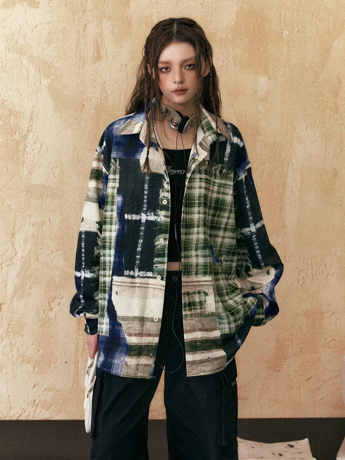 Ezek Oversized Patchwork Plaid Shirt - Unisex Grunge Tie-Dye Flannel Button-Up Jacket