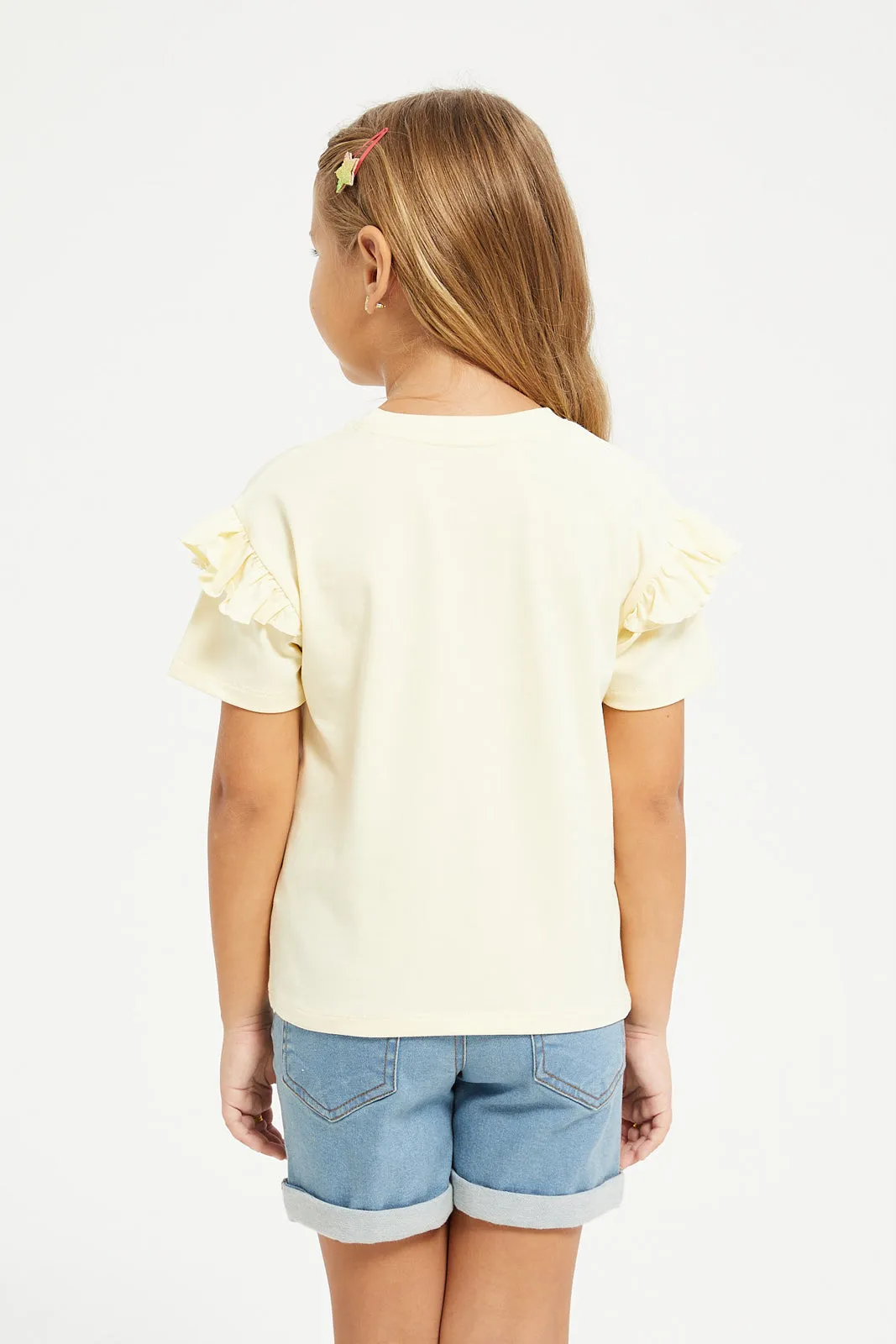 Girls Yellow Frill Short Sleeve And 3D Embellishment T-Shirt