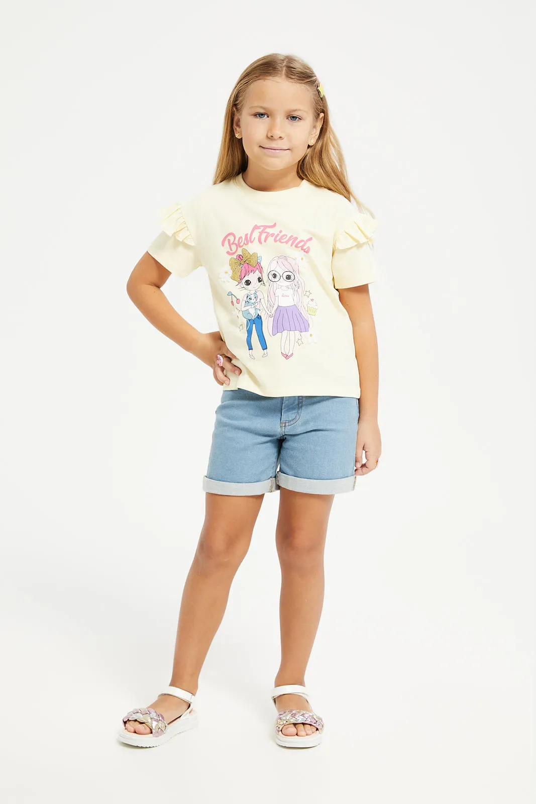 Girls Yellow Frill Short Sleeve And 3D Embellishment T-Shirt