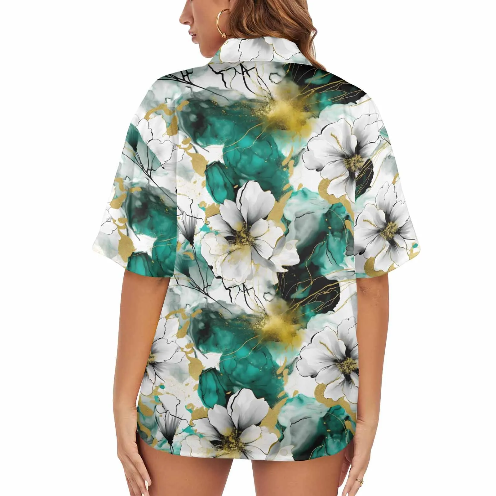 Green and White Ink Floral Women's Hawaiian Shirt