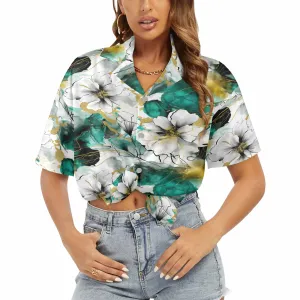 Green and White Ink Floral Women's Hawaiian Shirt