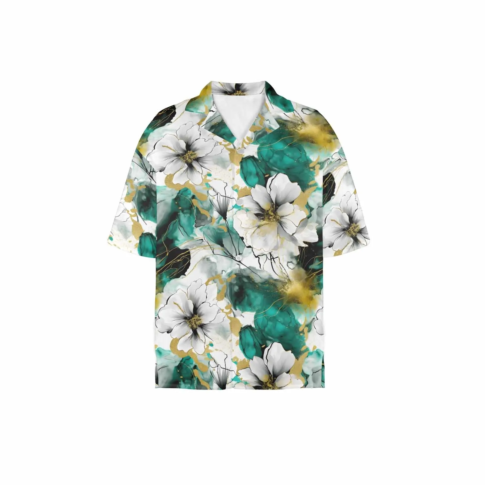 Green and White Ink Floral Women's Hawaiian Shirt