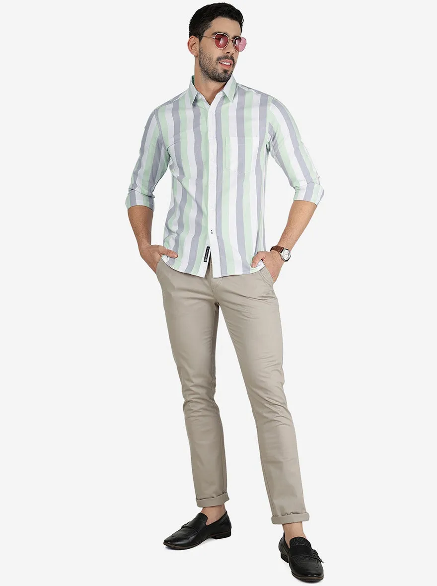 Grey & Green Striped Slim Fit Casual Shirt | Greenfibre