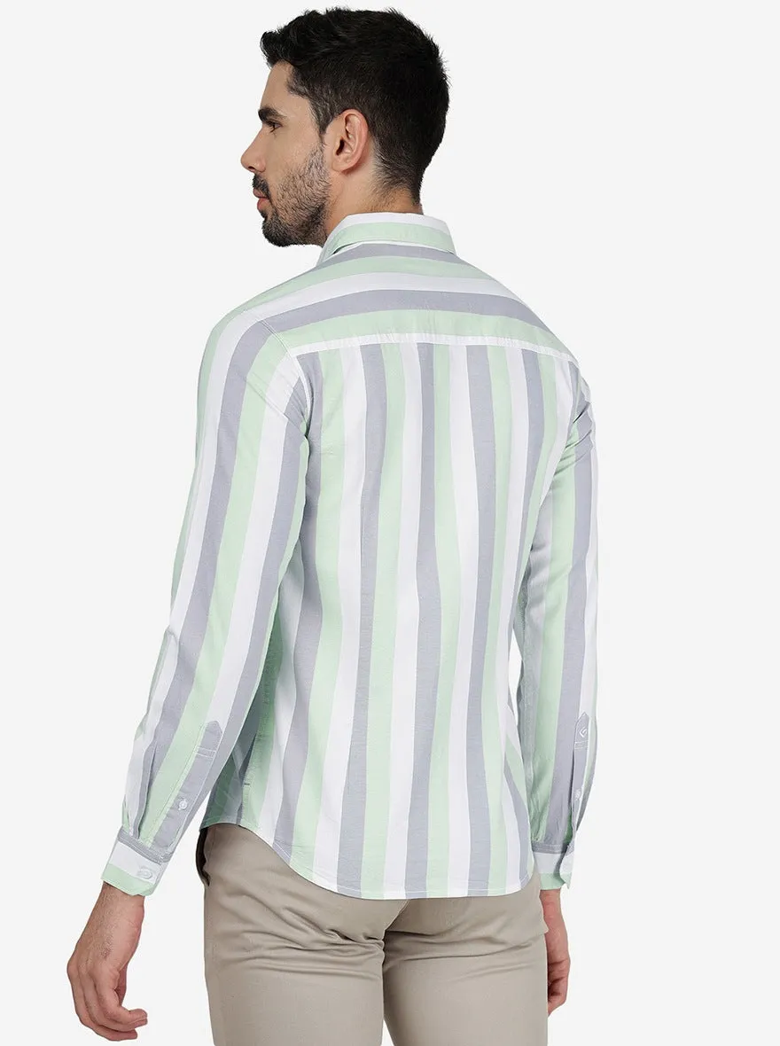 Grey & Green Striped Slim Fit Casual Shirt | Greenfibre