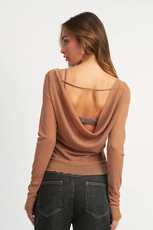 Hot Girl Boatneck Glitter Mesh Open Back Long Sleeve Top