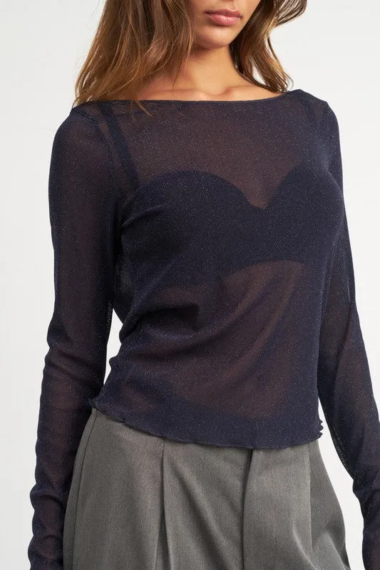 Hot Girl Boatneck Glitter Mesh Open Back Long Sleeve Top