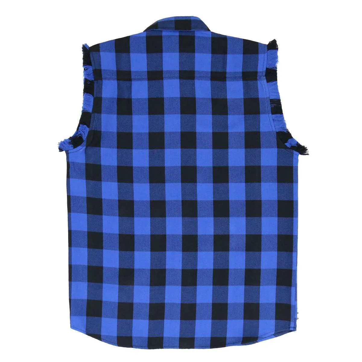 Hot Leathers FLM5208 Men's Sleeveless Fringe Blue and Black Flannel Shirt