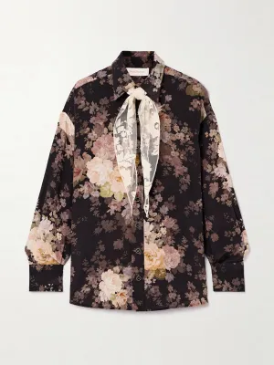 Illustration lace-trimmed floral-print silk crepe de chine shirt