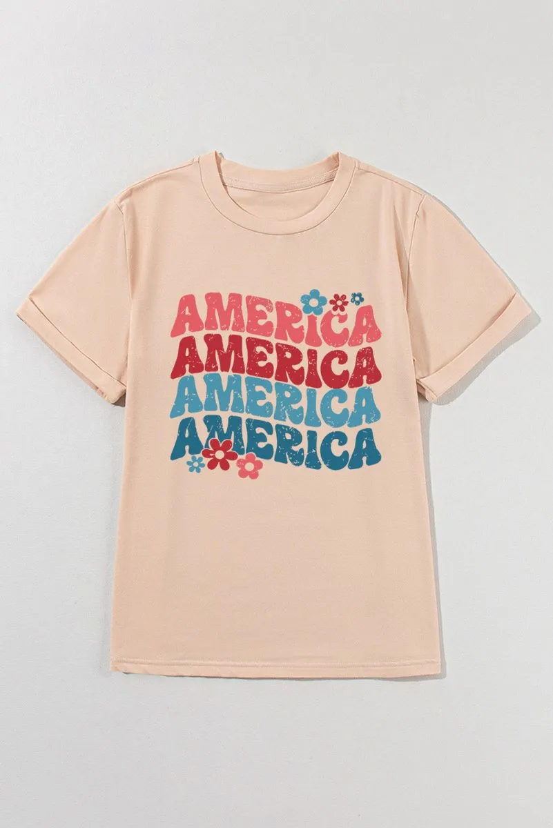 Khaki "AMERICA" Floral Graphic T Shirt