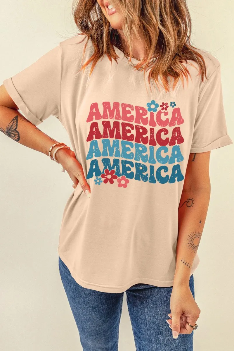 Khaki "AMERICA" Floral Graphic T Shirt