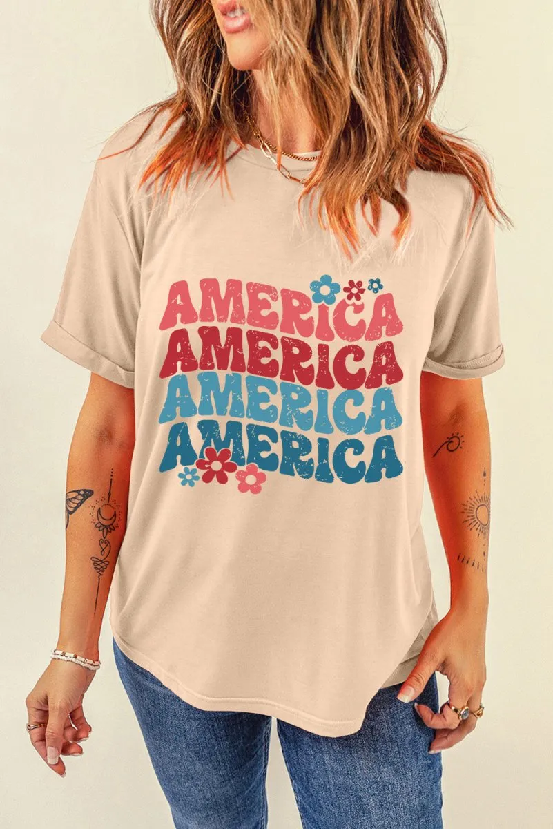 Khaki "AMERICA" Floral Graphic T Shirt