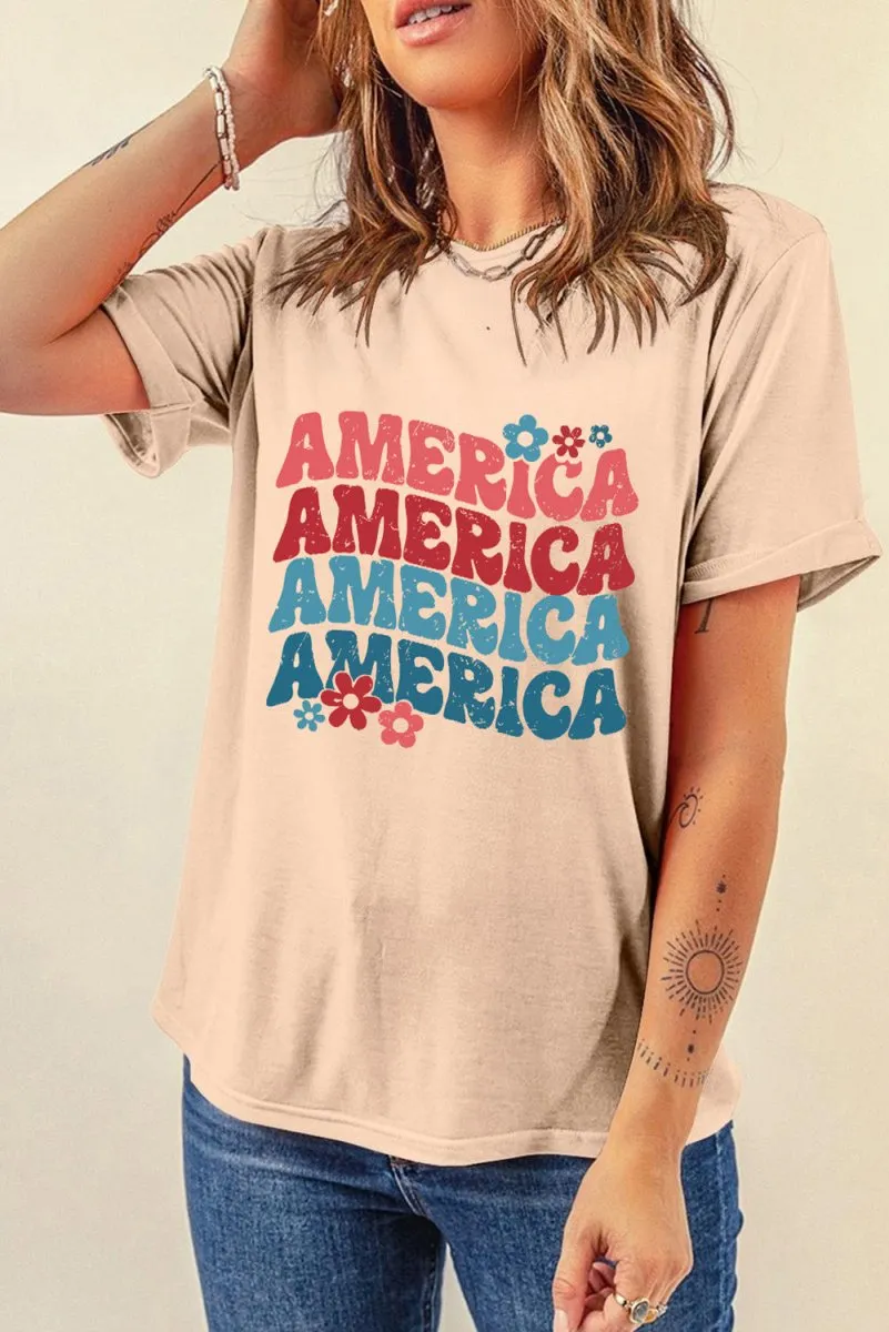 Khaki "AMERICA" Floral Graphic T Shirt