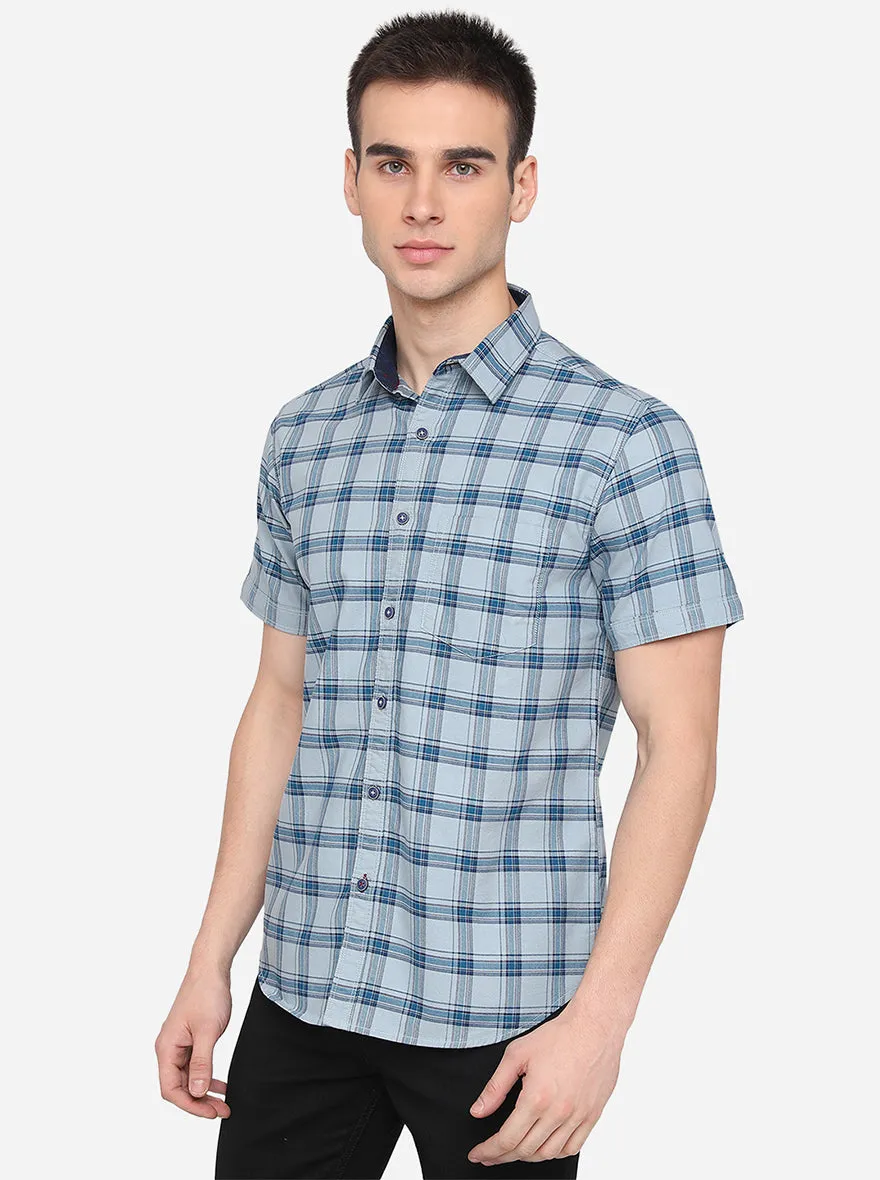 Light Blue Checked Slim Fit Casual Shirt | Greenfibre