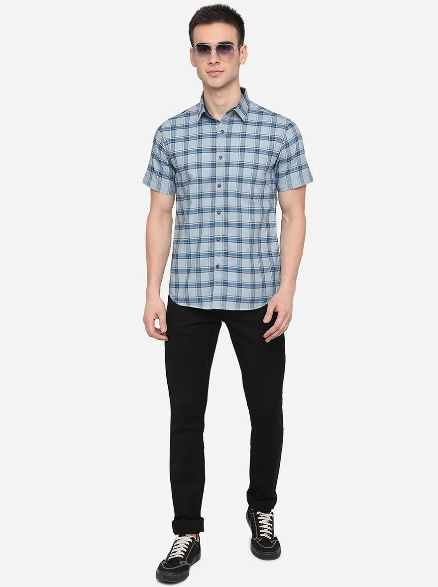 Light Blue Checked Slim Fit Casual Shirt | Greenfibre