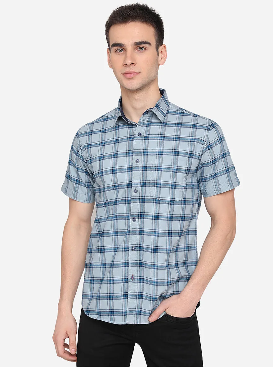 Light Blue Checked Slim Fit Casual Shirt | Greenfibre