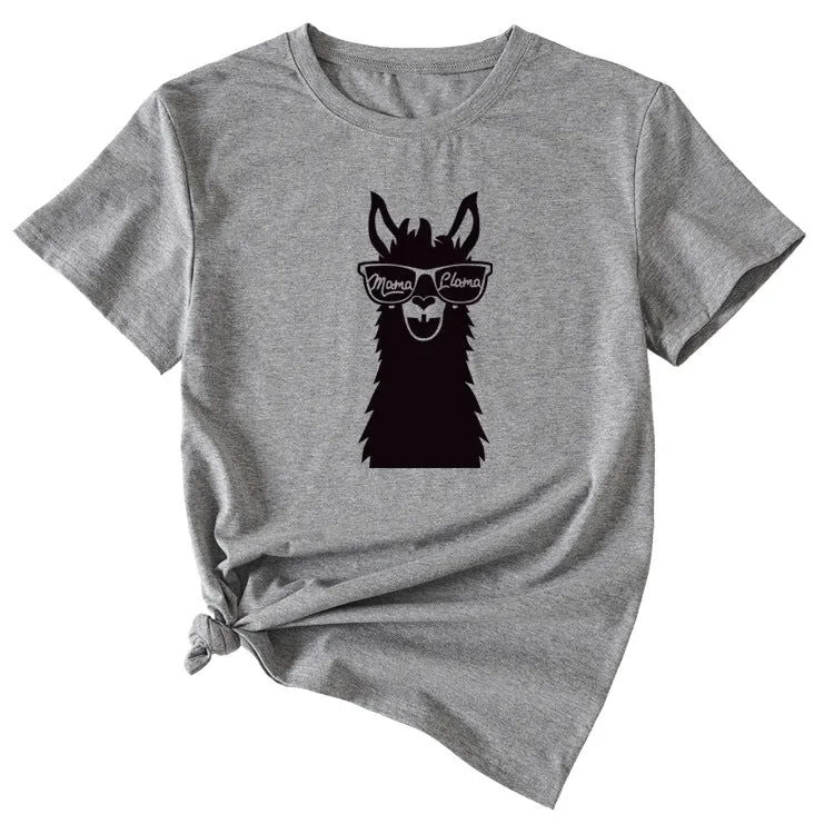 MAMA Llama Fun Graphic Print Women's Casual Crewneck Short Sleeve T-Shirt