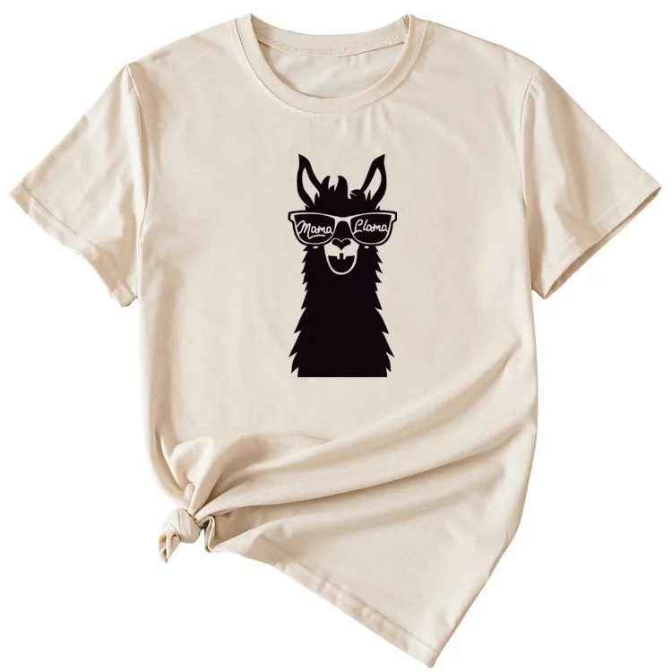 MAMA Llama Fun Graphic Print Women's Casual Crewneck Short Sleeve T-Shirt