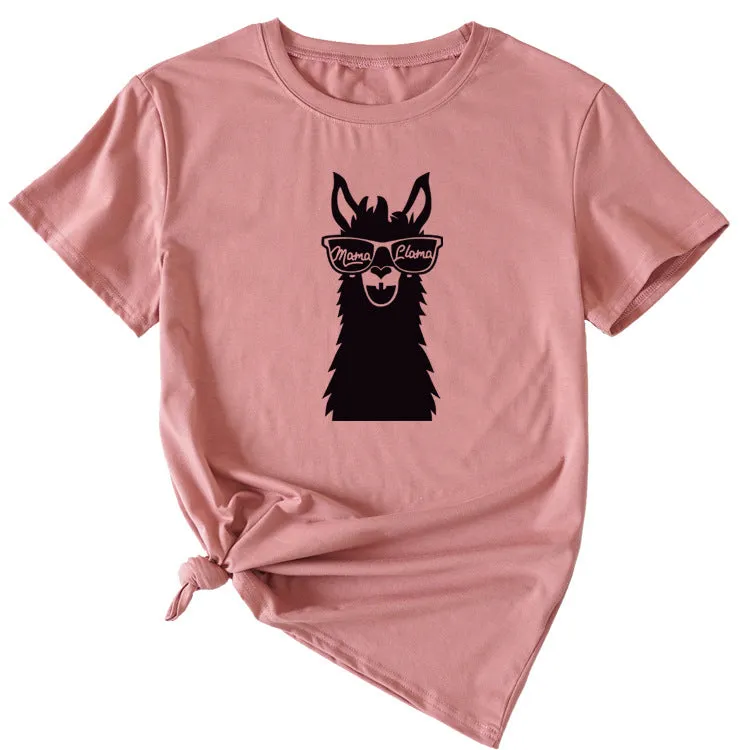 MAMA Llama Fun Graphic Print Women's Casual Crewneck Short Sleeve T-Shirt