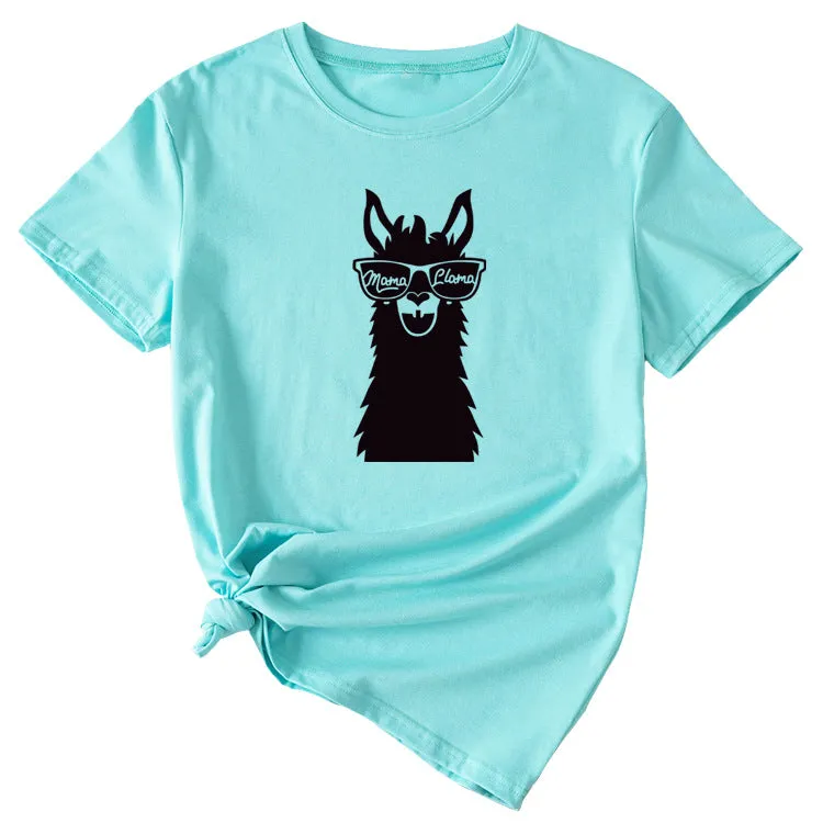 MAMA Llama Fun Graphic Print Women's Casual Crewneck Short Sleeve T-Shirt