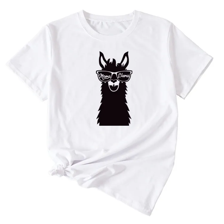 MAMA Llama Fun Graphic Print Women's Casual Crewneck Short Sleeve T-Shirt