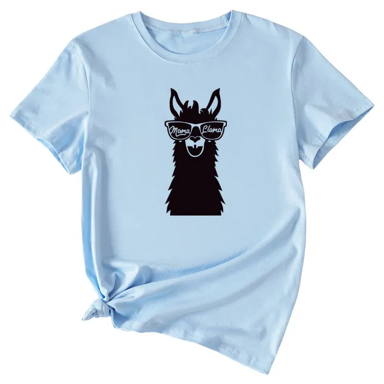 MAMA Llama Fun Graphic Print Women's Casual Crewneck Short Sleeve T-Shirt