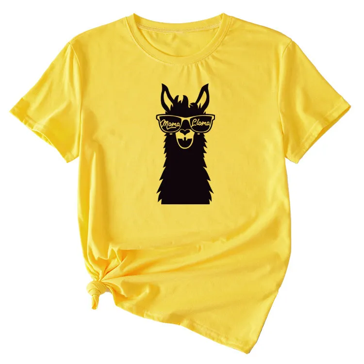 MAMA Llama Fun Graphic Print Women's Casual Crewneck Short Sleeve T-Shirt