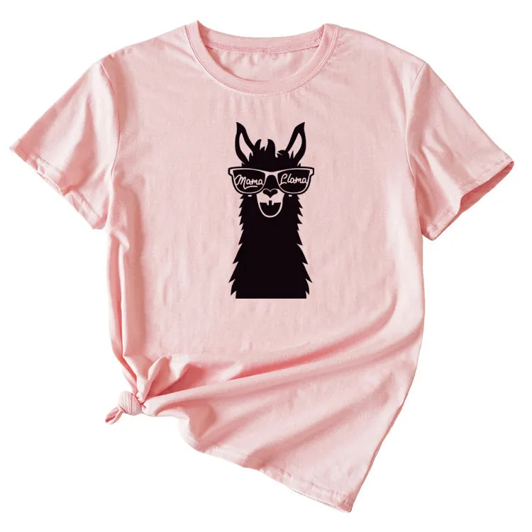 MAMA Llama Fun Graphic Print Women's Casual Crewneck Short Sleeve T-Shirt