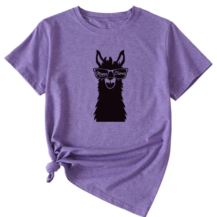 MAMA Llama Fun Graphic Print Women's Casual Crewneck Short Sleeve T-Shirt