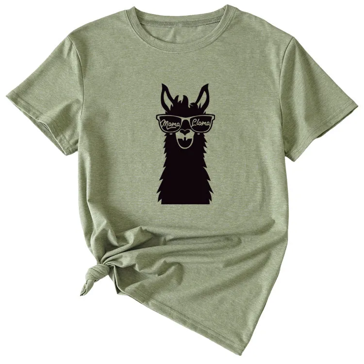 MAMA Llama Fun Graphic Print Women's Casual Crewneck Short Sleeve T-Shirt