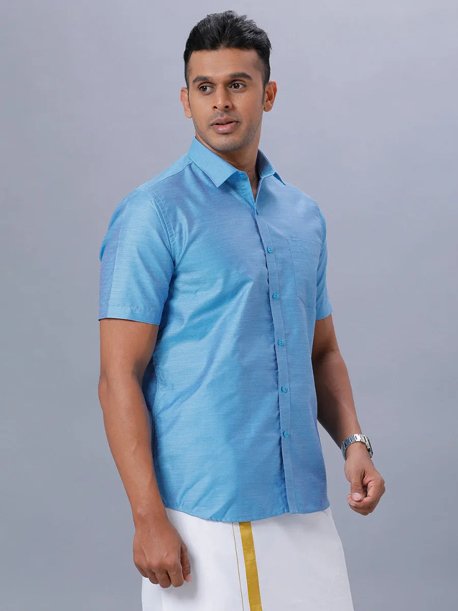 Men Cotton Blend Half Sleeves Shirt Light Cyan T29 TE7