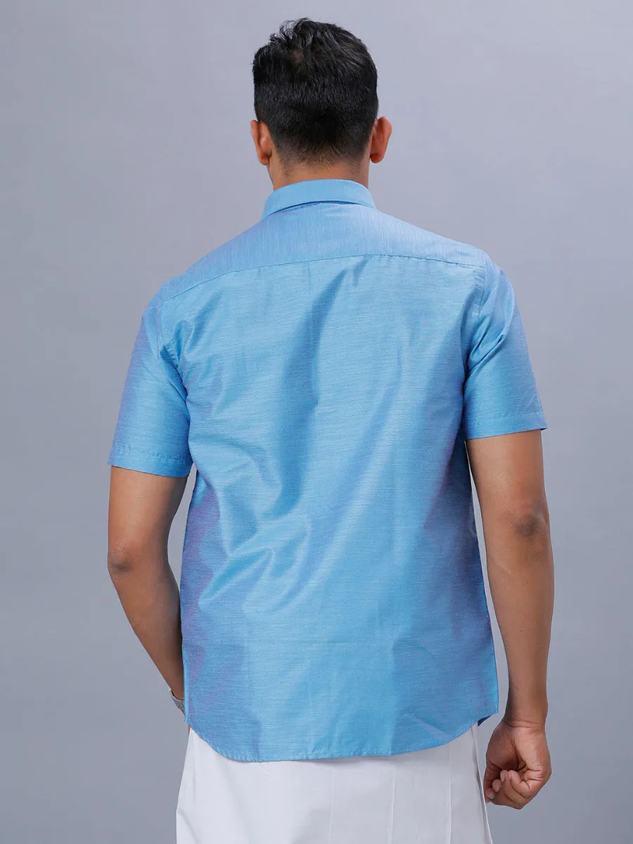 Men Cotton Blend Half Sleeves Shirt Light Cyan T29 TE7