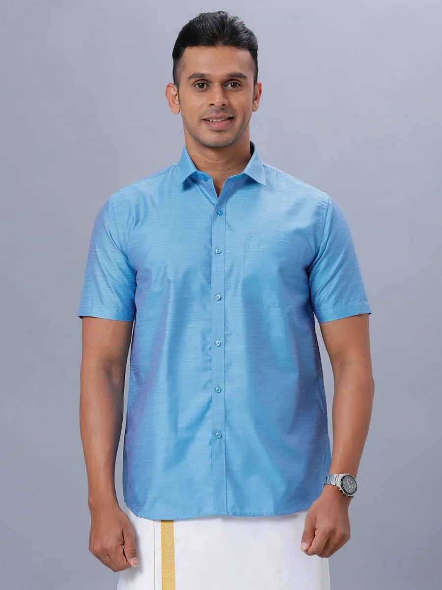 Men Cotton Blend Half Sleeves Shirt Light Cyan T29 TE7