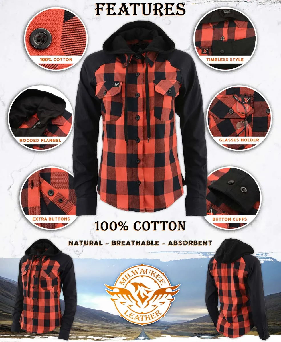 Milwaukee Leather MNG21602 Women's Casual Black and Red Long Sleeve Cotton Flannel Shirt with Hoodie