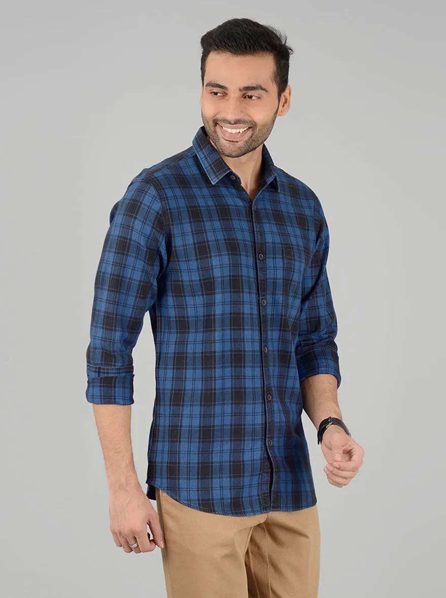 Navy Blue Checked Slim Fit Casual Shirt | JadeBlue