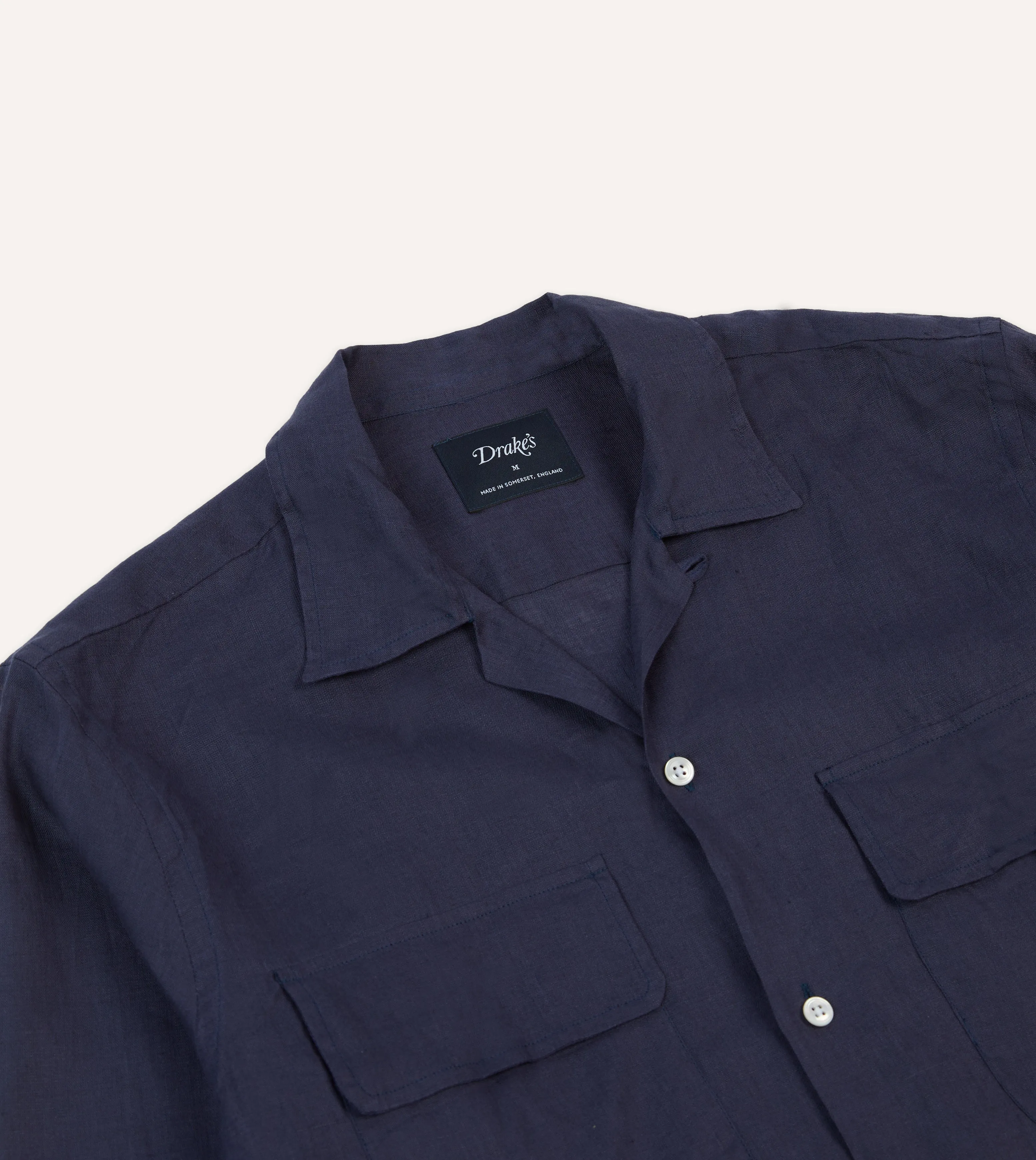 Navy Linen Camp Collar Long Sleeve Shirt