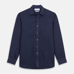 Navy Weekend Fit Linen Finch Shirt With Derby Collar And Chest Pocket