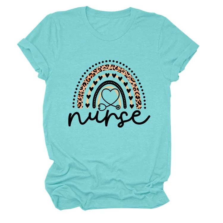 Nurse Love Leopard Rainbow Letter Print Short Sleeve Women's t-ShirT-Shirt