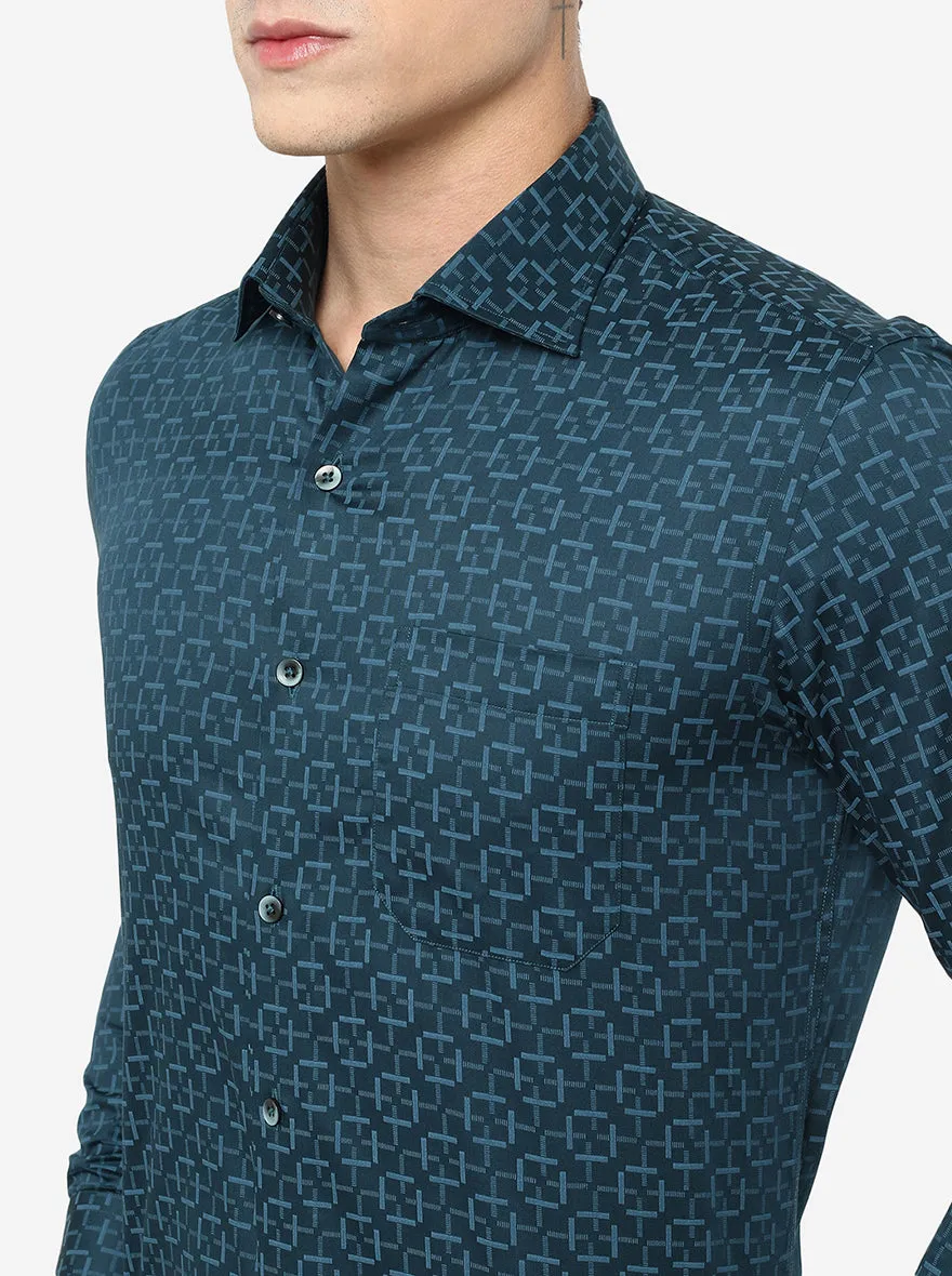 Peacock Blue Printed Slim Fit Formal Shirt | Metal