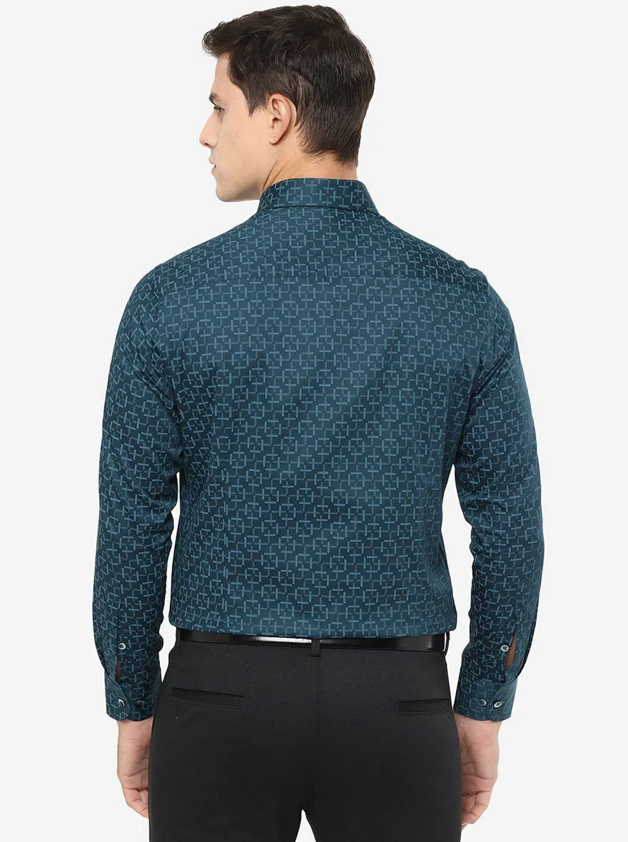 Peacock Blue Printed Slim Fit Formal Shirt | Metal