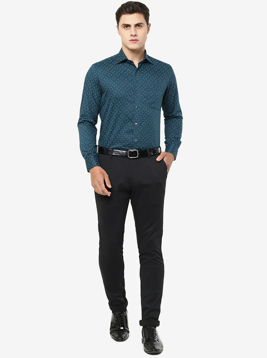 Peacock Blue Printed Slim Fit Formal Shirt | Metal