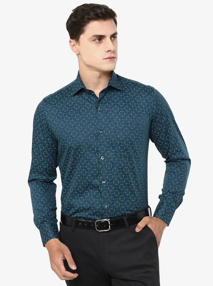 Peacock Blue Printed Slim Fit Formal Shirt | Metal