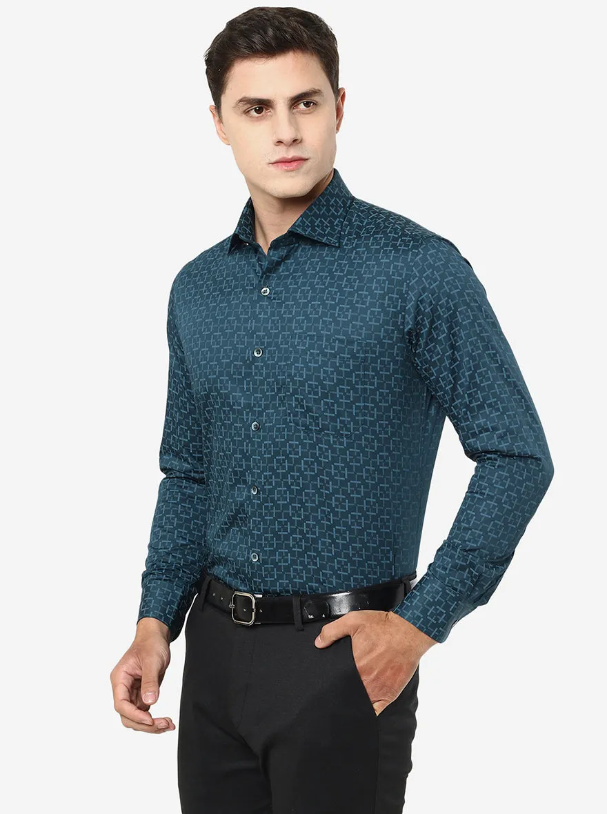 Peacock Blue Printed Slim Fit Formal Shirt | Metal