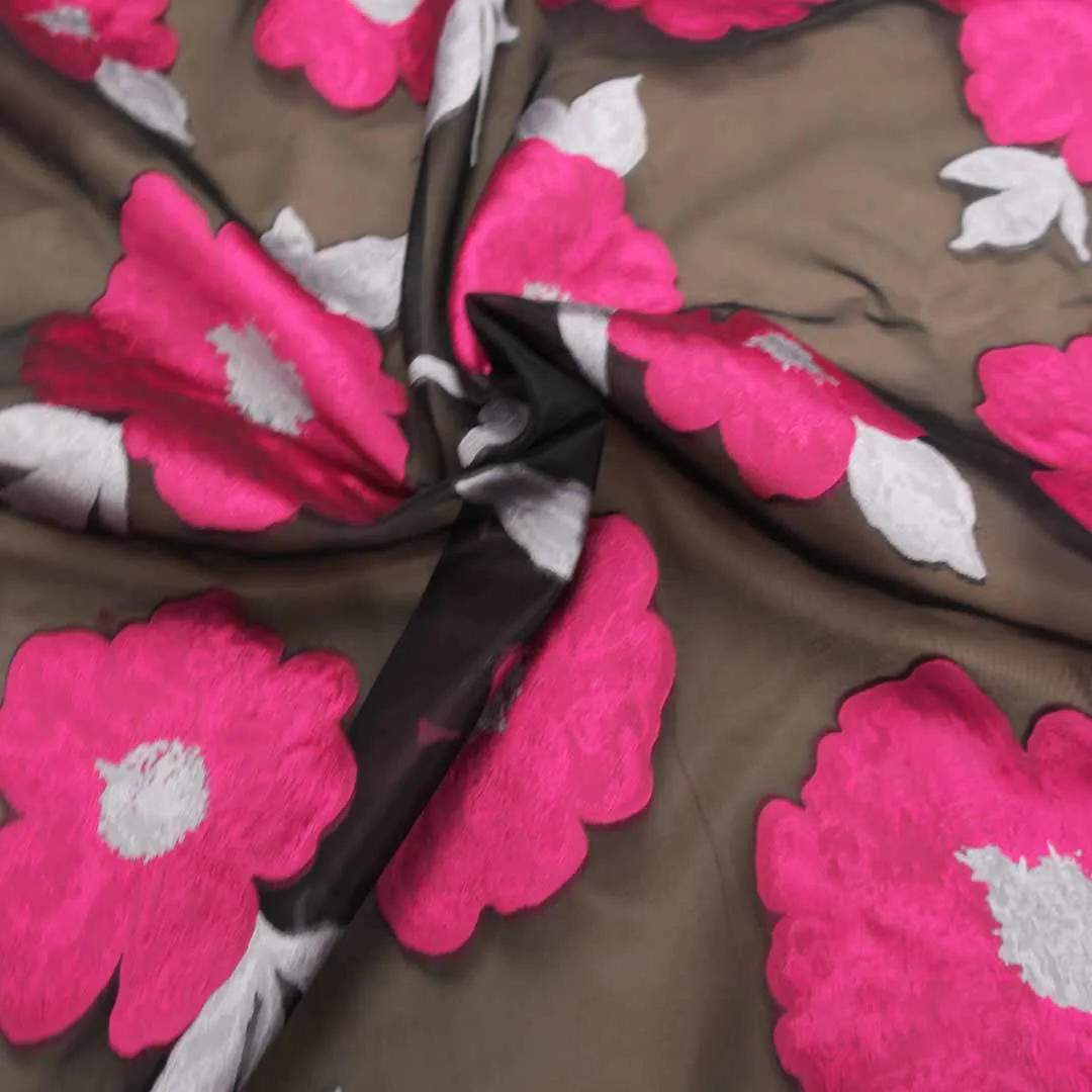 Pink And Brown Floral Textured Embroidered Organza Fabric