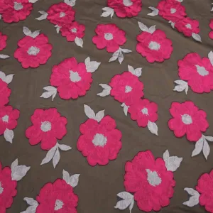 Pink And Brown Floral Textured Embroidered Organza Fabric