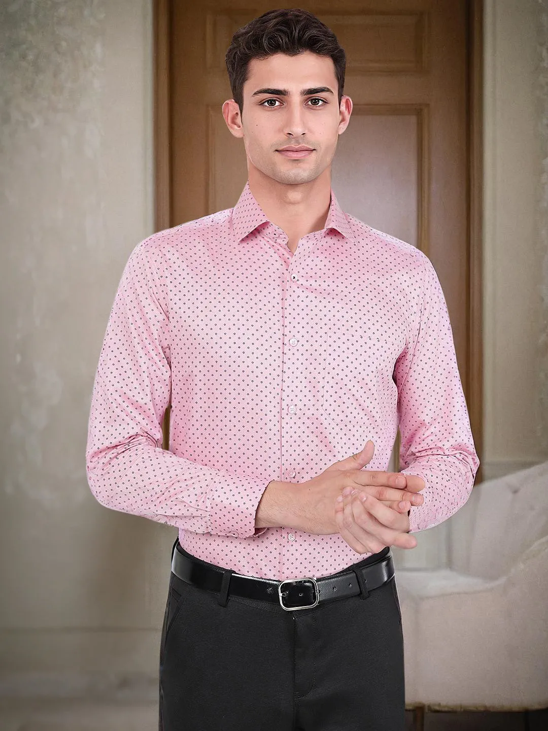 Pink Printed Slim Fit Formal Shirt | Greenfibre