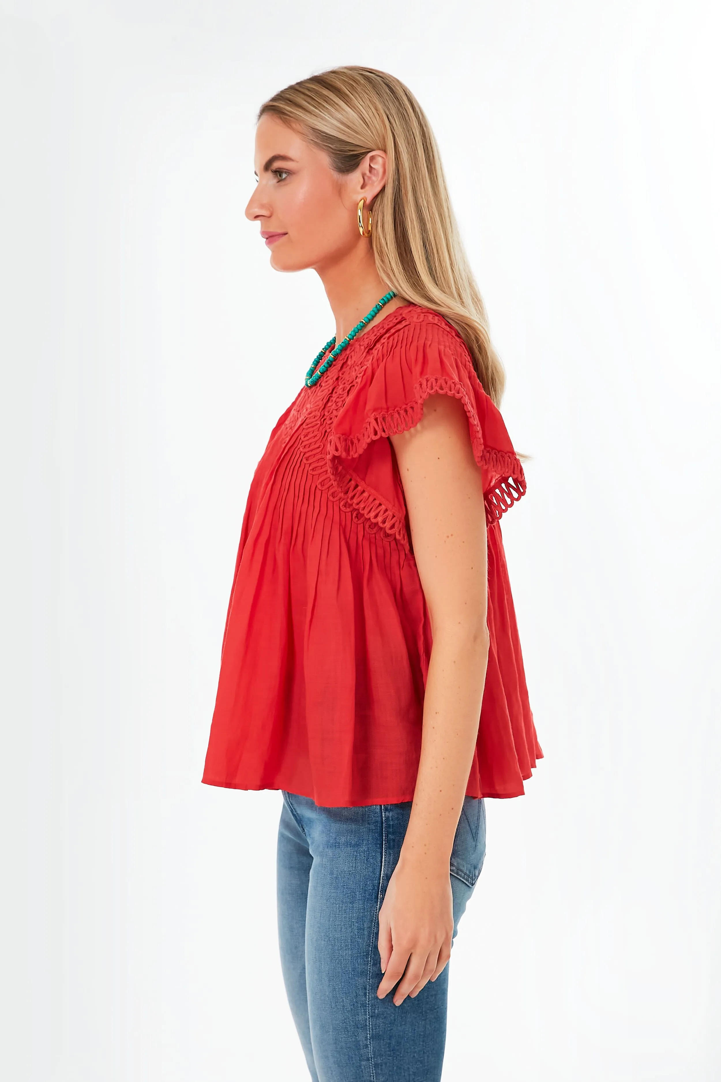 Red Frida Solid Flutter Sleeve Top