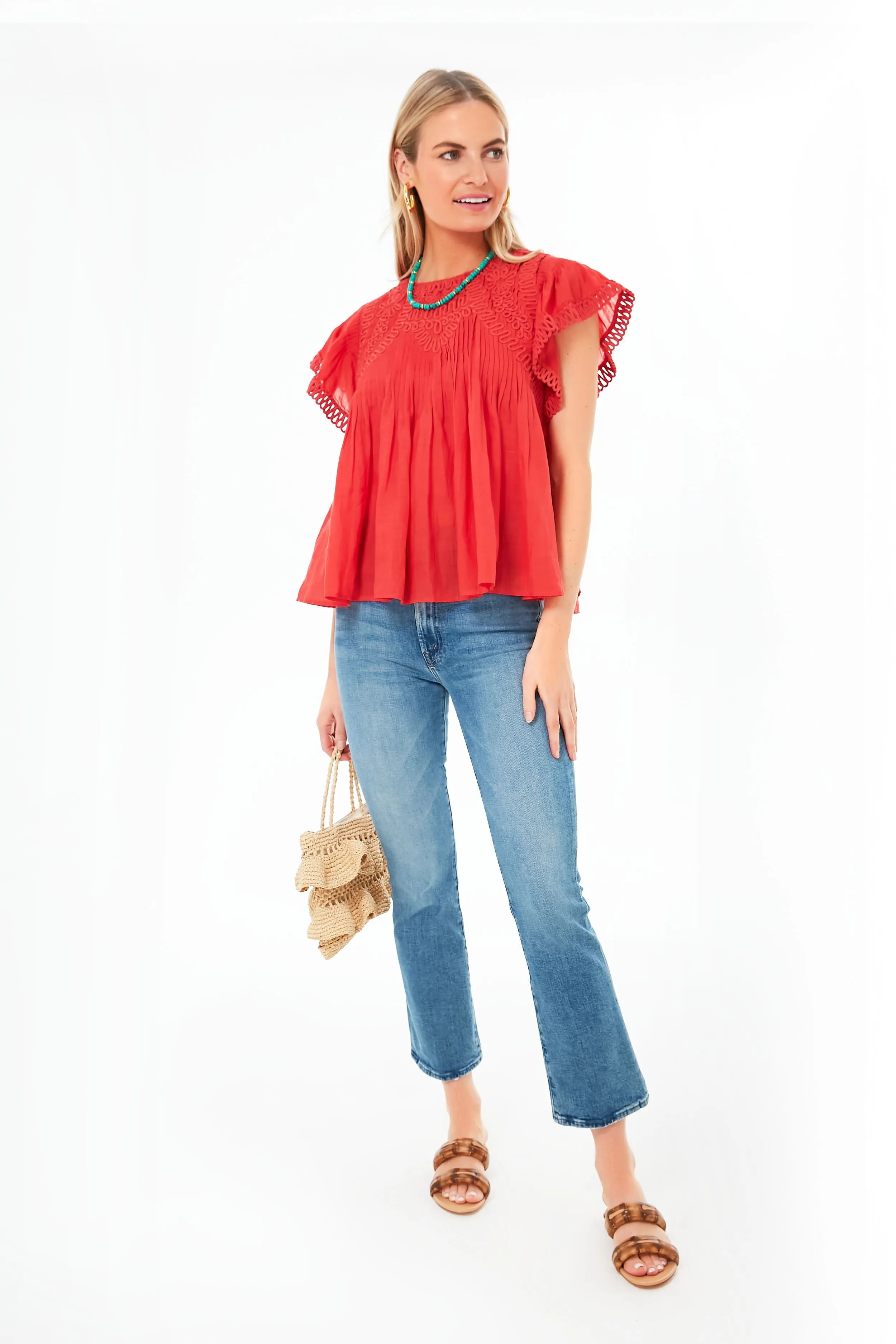 Red Frida Solid Flutter Sleeve Top