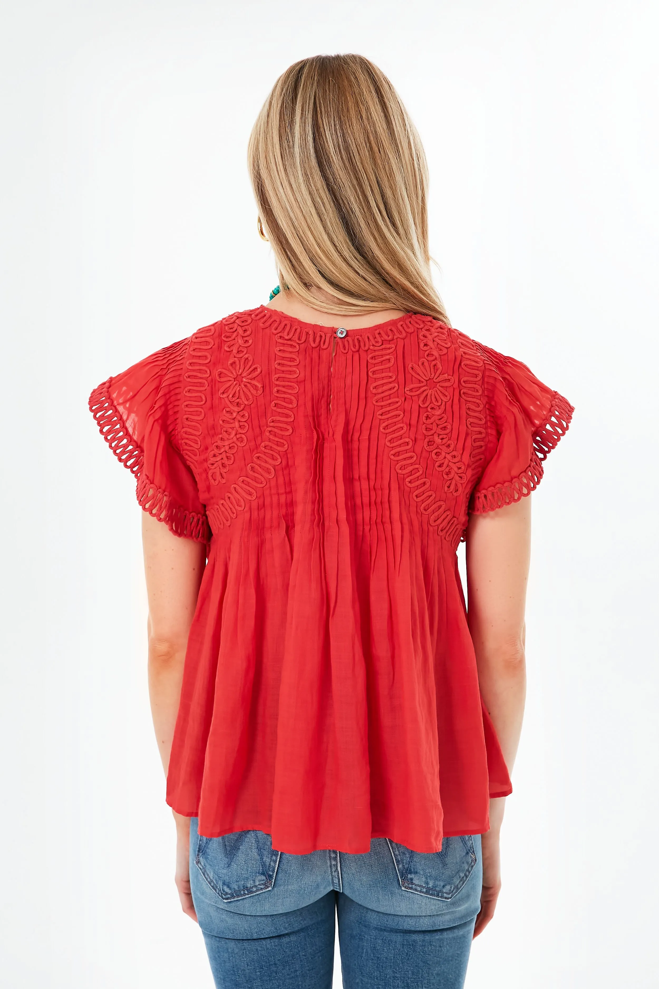 Red Frida Solid Flutter Sleeve Top