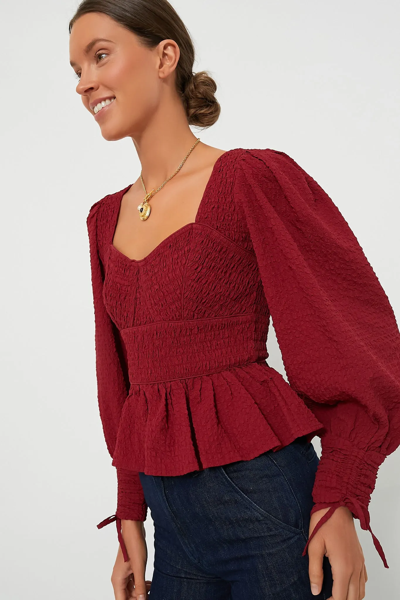 Red Regina Seersucker Longsleeve Top