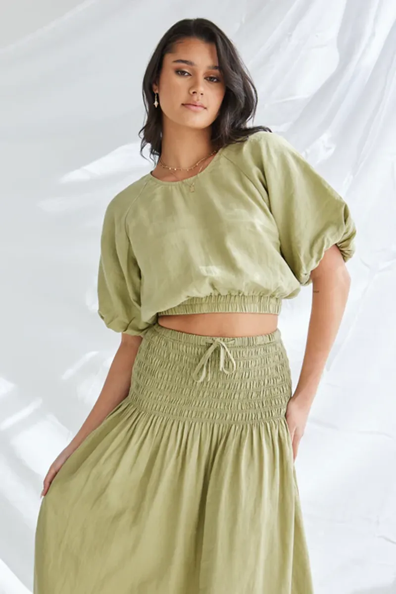 RE:UNION - Matty Moss Linen Puff Sleeve Crop Top - Moss